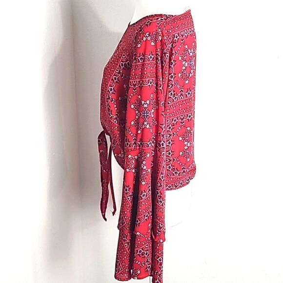 Altar'd State Red Printed Crop-top with Wide Layered Bell Sleeves, Size Medium - Picture 7 of 9